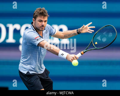 Manchester, United States. 03 Sep, 2019. Stan Wawrinka (Schweiz), die in Aktion im Viertelfinale der US Open Championships gegen Daniil Medwedew (Russland) an Billie Jean King National Tennis Center (Foto von Lew Radin/Pacific Press) Quelle: Pacific Press Agency/Alamy leben Nachrichten Stockfoto