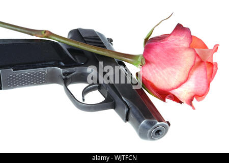 Pistole und Rose isoliert auf weißem Hintergrund Stockfoto