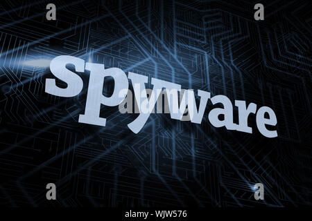 Der Begriff "Spyware" gegen futuristischen schwarzen und blauen Hintergrund Stockfoto