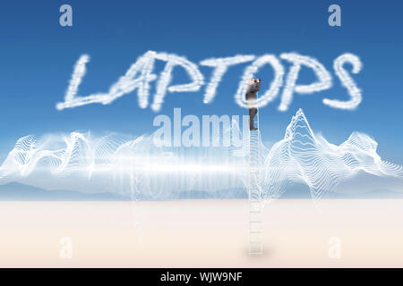 Das Wort Laptops und Geschäftsmann auf Leiter mit Fernglas gegen Energie design über Landschaft Stockfoto