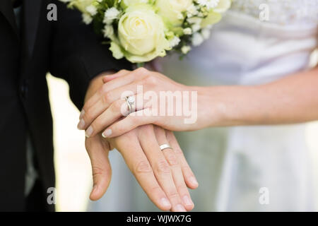 Nahaufnahme von Braut und Bräutigam, Hochzeit Ringe Hände berühren. Stockfoto