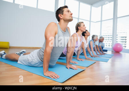 Fitness-Gruppe, die Kobra-Pose in Reihe an der Yogaklasse zu tun Stockfoto