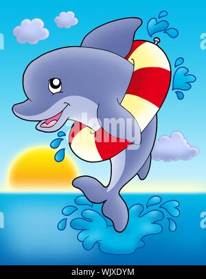 Jumping dolphin mit aufblasbaren Ring - Farbe Abbildung. Stockfoto