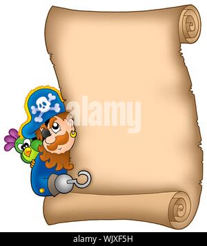 Pergament mit lauernden Piraten - farbigen Illustration. Stockfoto