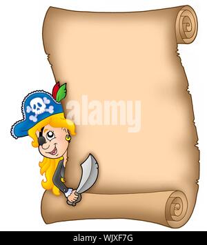 Pergament mit lauern Piraten Mädchen - farbigen Illustration. Stockfoto