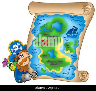 Schatzkarte mit lauernden Piraten - farbigen Illustration. Stockfoto