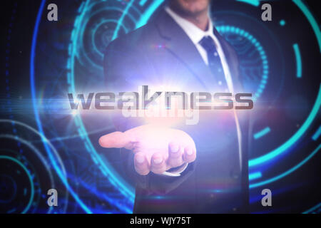 Das Wort Schwäche und Geschäftsmann Präsentation gegen futuristische technologischer Hintergrund Stockfoto