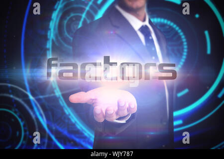 Das Wort Faktoren und Geschäftsmann Präsentation gegen futuristische technologischer Hintergrund Stockfoto