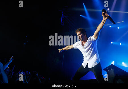 Calvia, Mallorca/Spanien - 31. August 2019: Spanische Sänger David Bisbal führt live während seiner 2019 Promotion Tour in der Nähe des Dorfes Calvia im Stockfoto