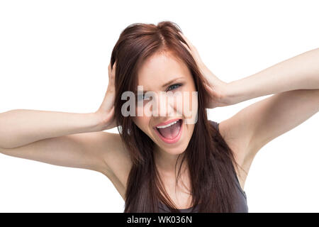 Wütend Brünette schreien hautnah Stockfoto