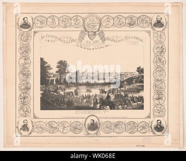 In Gedenken an die glorreichen Siege der 3. und 9. April 1865. Richmond VA Abstract: Drucken erinnert an das Ende des Amerikanischen Bürgerkriegs, indem eine zentrale Sicht auf Union Truppen vor von Richmond, Virginia, umrahmt von Kreisen die Lagen auf der Karte von 30 Bürgerkrieg Schlachten und Berufe während der Jahre 1864 und 1865 und Porträts von fünf Generäle (Grant, Sherman, Sheridan, Thomas und Kilpatrick). Stockfoto