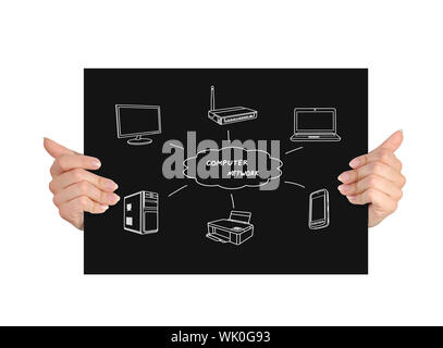 Schwarzes Papier mit Computer Netzwerk in den Händen Stockfoto