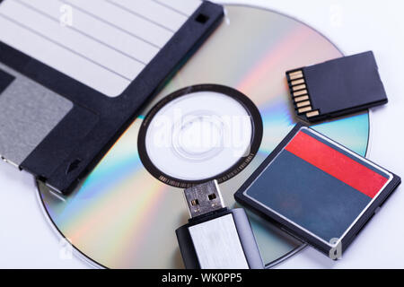 Auswahl der verschiedenen Computer Speichergeräte für Daten und Informationen, einschließlich einer CD-DVD, Diskette, USB-Stick, Compact Flash Card und SD-Karte anzeigen Stockfoto