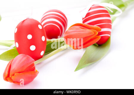 Bunte rote Ostern noch Leben mit zarten frischen Frühling Tulpen und Handbemalt traditionelle Ostereier angeordnet auf einem weißen Hintergrund mit copyspac Stockfoto