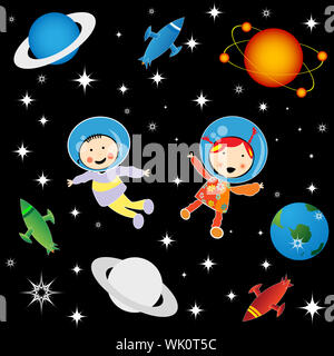 Junge und Mädchen Astronauten im Weltall, Charakter Entwicklung Grafik Stockfoto