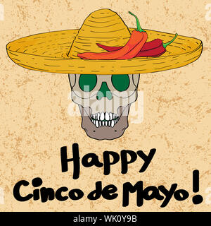 Cinco De Mayo handgezeichnete Cartoon Illustration einer Grußkarte mit einem lustigen Schädel mit Sombrero Hut und Paprika Backofen Grunge Hintergrund Stockfoto