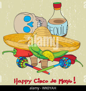 Cinco De Mayo handgezeichneten Cartoon Illustration einer Grußkarte Komposition mit mexikanischen traditionelle Elemente Backofen Grunge Hintergrund Stockfoto