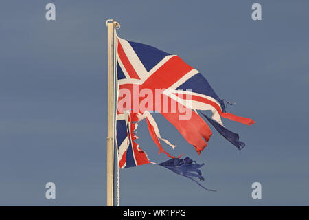 Britische Flagge oder Union Jack zerrissenen und zerfetzten Fliegen im Winter am Meer in Italien, die die Katastrophe von Brexit Stockfoto
