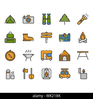 Camping und zugehörige Icon Set Reisen Stock Vektor