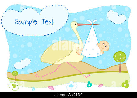 Illustration der Aarival Ankündigung Babykarte mit Storch mit baby Stockfoto