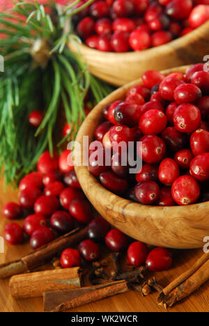 Frische rote Cranberries in Holzschalen mit Gewürzen und Tannenzweigen Stockfoto