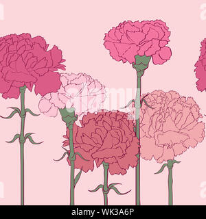 Rosa Nelken lineares Muster über handgezeichnete Cartoon Illustration mit schönen Blumen Stockfoto
