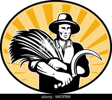 Abbildung eines Bauern beim Ernten von Weizen mit Sense mit Sunburst im Hintergrund-retro-Stil Stockfoto
