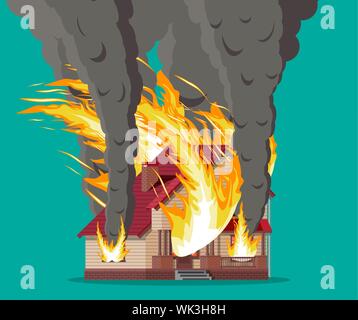 Hölzerne Haus brennt. Feuer in der Hütte. Orange Flammen in Windows, schwarzer Rauch mit Funken. Sachversicherung. Naturkatastrophe Konzept. Vector Illustration im flachen Stil Stock Vektor