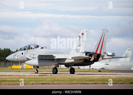Israelische Luftwaffe F 15 s an RAF Waddington, Lincolnshire, Großbritannien. Die Teilnahme an Übung Cobra Krieger 2019. Stockfoto