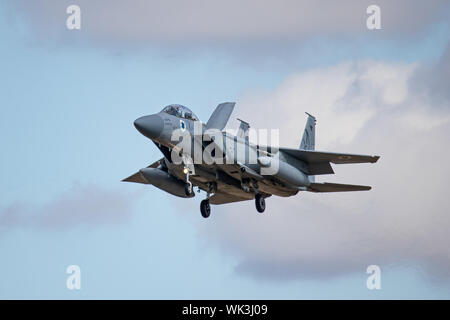 Israelische Luftwaffe F 15 s an RAF Waddington, Lincolnshire, Großbritannien. Die Teilnahme an Übung Cobra Krieger 2019. Stockfoto