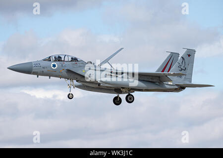 Israelische Luftwaffe F 15 s an RAF Waddington, Lincolnshire, Großbritannien. Die Teilnahme an Übung Cobra Krieger 2019. Stockfoto