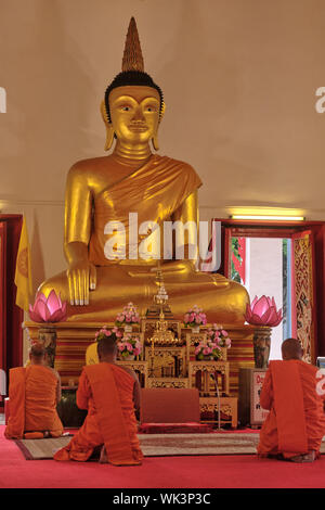 Buddhistische Mönche vermitteln vor einer Buddha-Statue im Wat Mongkon Nimit (Wat Phuttha Mongkon), einem Tempel in Phuket, Thailand Stockfoto