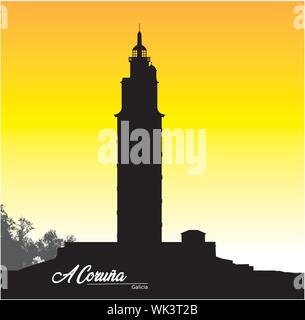 Schwarze und weiße Silhouette Turm des Herkules in A Coruña Galicien Spanien Stock Vektor