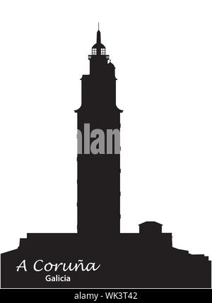 Schwarze und weiße Silhouette Turm des Herkules in A Coruña Galicien Spanien Stock Vektor