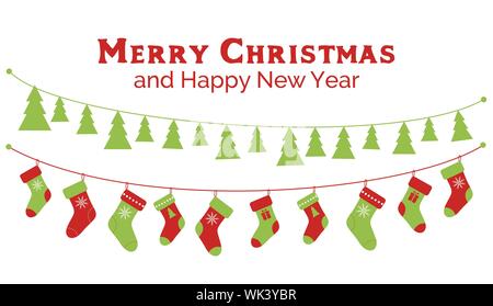 Weihnachten Strümpfe und Weihnachtsbaum Girlanden. Vektor Banner, Grußkarte Stock Vektor