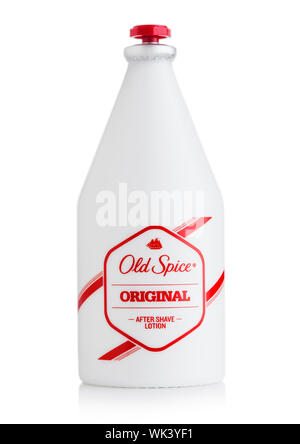 LONDON, Großbritannien - 29 August 2019: Old Spice Original nach Lotion Rasur auf Weiß. Stockfoto