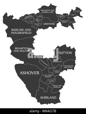 Schwarz Schutzzauber Karte von North East Derbyshire in England East Midlands Großbritannien mit Etiketten Stockfoto