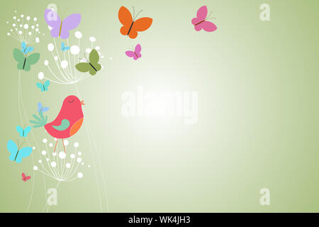 Feminines Design von Löwenzahn Vögel und Schmetterlinge auf Grün Stockfoto