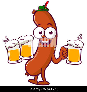 Cartoon Wurst mit einem traditionellen deutschen hat, kaltes Bier auf dem Oktoberfest. Stockfoto