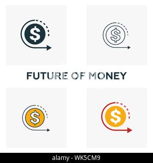 Zukunft der Geld Icon Set. Vier Elemente in verschiedenen Stilrichtungen von fintech icons Collection. Kreative Zukunft Geld Icons, Outline, farbige und Stock Vektor
