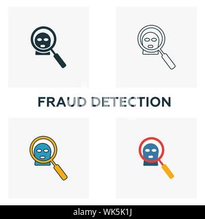 Fraud Detection Icon Set. Vier Elemente in verschiedenen Stilrichtungen von fintech icons Collection. Kreative fraud detection Icons, Outline, farbige und Stock Vektor