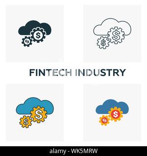 Fintech Industrie Icon Set. Vier Elemente in verschiedenen Stilrichtungen von fintech icons Collection. Kreative fintech Industrie gefüllt Symbole, Outline, farbig Stock Vektor