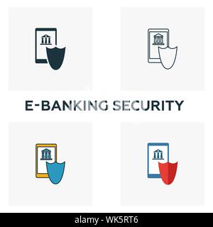 E-Banking Security Icon Set. Vier Elemente in verschiedenen Stilrichtungen von fintech icons Collection. Kreative e-banking Security Icons, Umriss Stock Vektor
