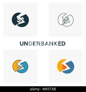 Underbanked Icon Set. Vier Elemente in verschiedenen Stilrichtungen von fintech icons Collection. Kreative underbanked Icons, Outline, farbige und flach Stock Vektor