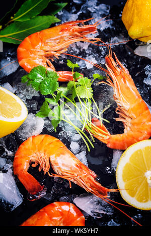 Tiger Garnelen auf Eis mit Zitrone und Kräutern Stockfoto