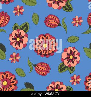 Nahtlose Muster mit Frühling Blumen. Abdeckung, Hintergrund. Farben Rot und Grün. Blaue Muster Stock Vektor