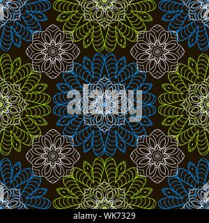 Doodle nahtlose Bild. Mandala, kreisförmige Muster. Weiß, Blau und Grün auf Schwarz. Hand Zeichnung Stock Vektor