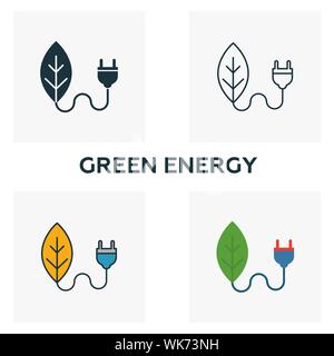 Grüne Energie Symbol gesetzt. Vier Elemente in verschiedenen Stilrichtungen von Kraft und Energie icons Collection. Creative green energy Icons, Outline, farbig Stock Vektor
