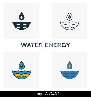 Wasser Energie Symbol gesetzt. Vier Elemente in verschiedenen Stilrichtungen von Kraft und Energie icons Collection. Kreative Wasser Energie Icons, Outline, farbig Stock Vektor