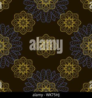 Doodle nahtlose Bild. Mandala, kreisförmige Muster. Gelb Blau auf Schwarz. Hand Zeichnung Stock Vektor